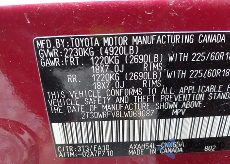 2020 Toyota Rav4 Hybrid Limited z USA, uszkodzony, nr VIN 2T3DWRFV8LW069087
